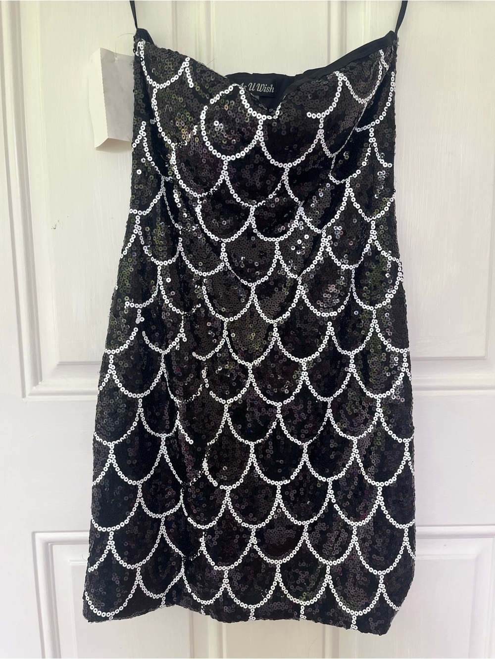 As U Wish Juniors Small Black Sequin Strapless Mini Dress White Scallop Detail